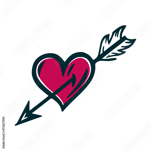 Heart pierced by arrow, Valentine's Day illustration Dia del Amor y la Amistad February 14 Hot-pink heart pierced by an arrow with feather fletching