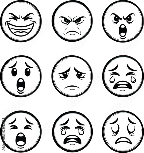 Collection of nine circular emoji icons depicting various negative emotions in black and white.