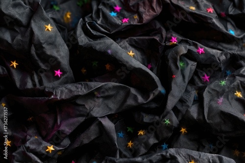 Black fabric with colorful star confetti, crinkled
