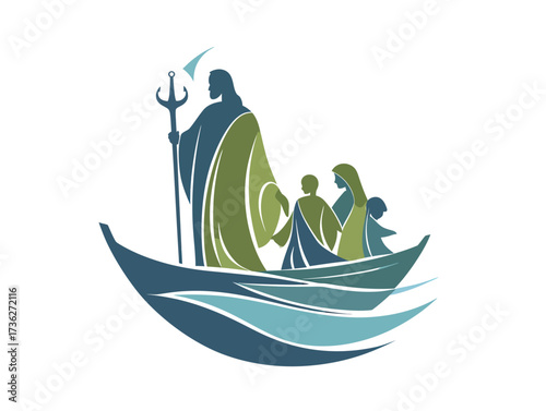 A serene scene of four figures traveling in a boat, with gentle waves surrounding them. The colors evoke calmness and harmony in nature.