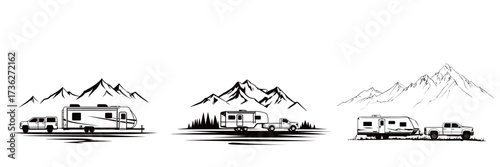 Scenic mountain backdrop shows various trailers and trucks parked in a tranquil outdoor setting. Ideal for camping and exploration in nature.