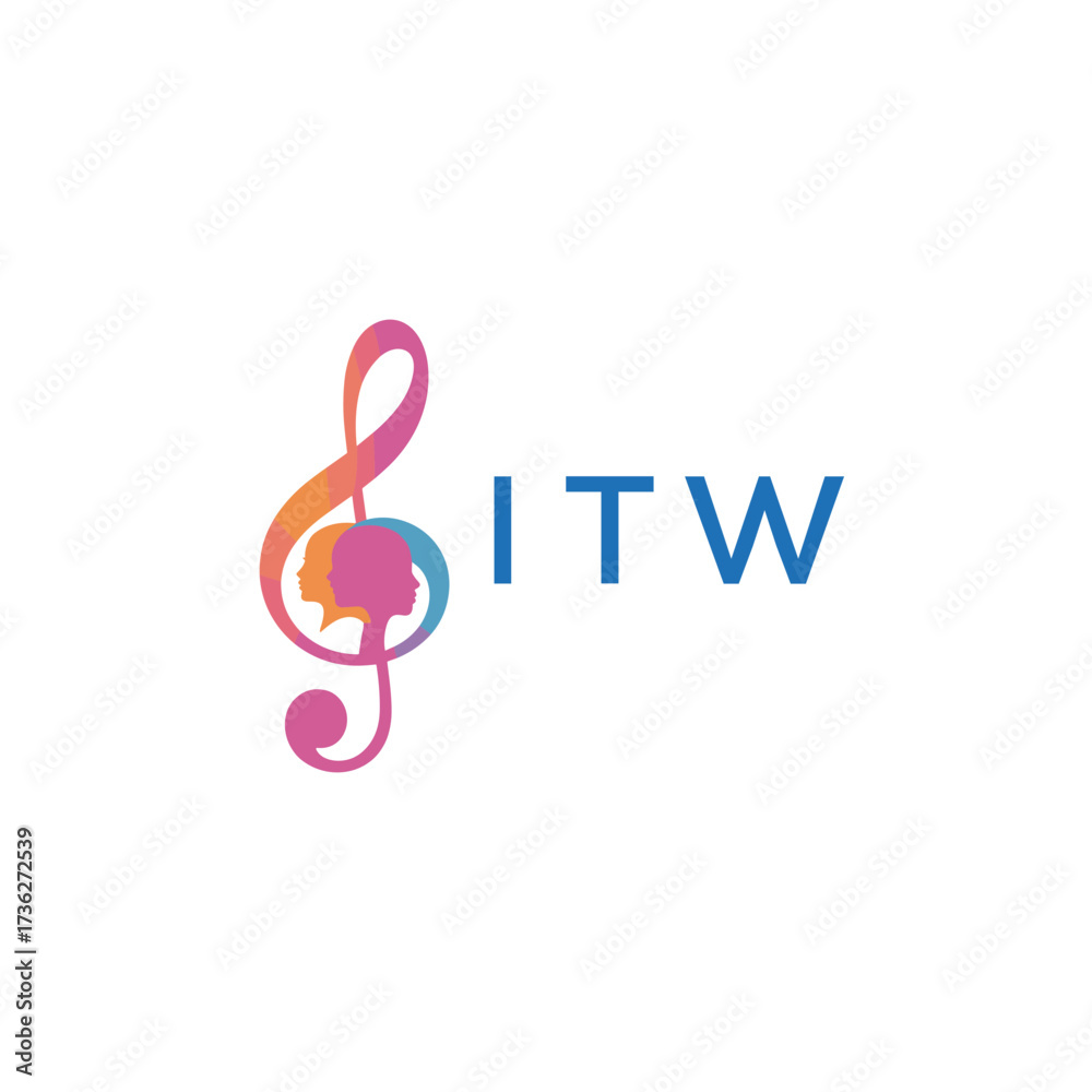 Fototapeta premium ITW “Creative music logo with human silhouettes and treble clef in gradient colors, ITW Later Logo, modern artistic design isolated on white background”ITW music logo, ITW treble clef, human ITW si