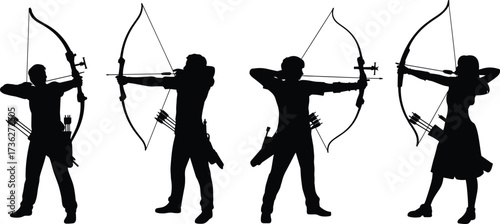 Archery silhouette, bow and arrow, traditional archers, dynamic pose, sports precision, quiver, recurve bow, aim, focus, athlete stance
