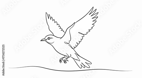 Line Art of a Sparrow in Flight A Delicate Depiction of a Bird's Grace and Movement, Featuring Wings Spread Out