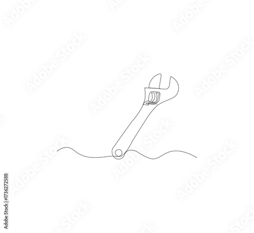 One continuous line drawing of a wrench tool. White background. Downloadable construction logo symbol. Wrench outline vector illustration. Editable stroke.
