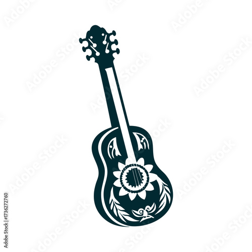 Mariachi Guitar Silhouette with Floral Details Dia Nacional del Mariachi September 21 Dark brown guitar silhouette with a rosette soundhole