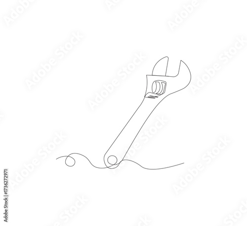 One continuous line drawing of a wrench tool. White background. Downloadable construction logo symbol. Wrench outline vector illustration. Editable stroke.