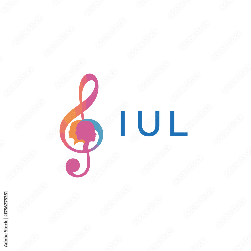 Obraz premium IUL “Creative music logo with human silhouettes and treble clef in gradient colors, IUL Later Logo, modern artistic design isolated on white background”