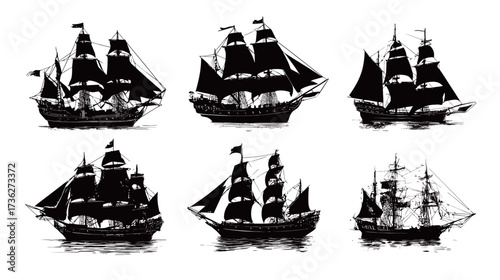 Several classic sailing ships are depicted in different positions on calm water. Each ship features distinct sails and masts, reflecting traditional maritime craftsmanship.