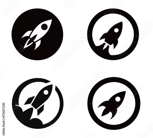 Four distinct rocket illustrations presented in black and white highlight various styles in graphic design. Each design emphasizes modern aesthetics and creativity.