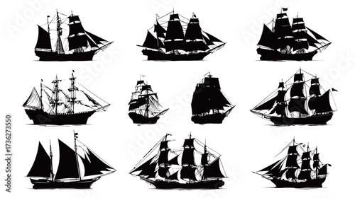 Nine detailed illustrations showcase vintage sailing ships of different designs. Each ship displays unique rigging and sails, emphasizing maritime history and art.