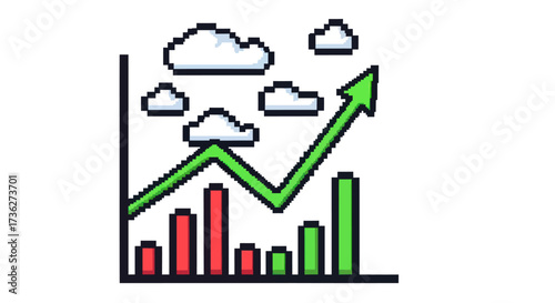 Foto Pixelated Upward Trend Chart with Green Arrow and Clouds.