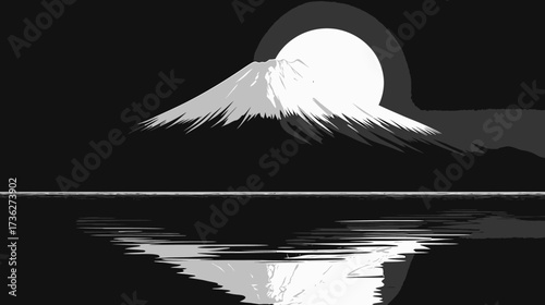 Monochrome graphic illustration of a majestic snow-capped mountain, radiant full moon, and serene water reflection. Minimalist nature landscape.