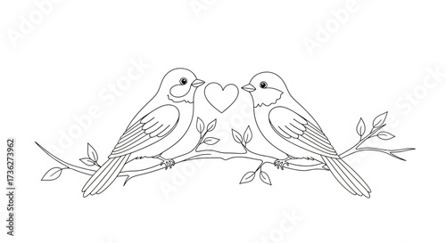 Two birds in love, facing each other on a branch with a heart between them. A Facelineart design for couples