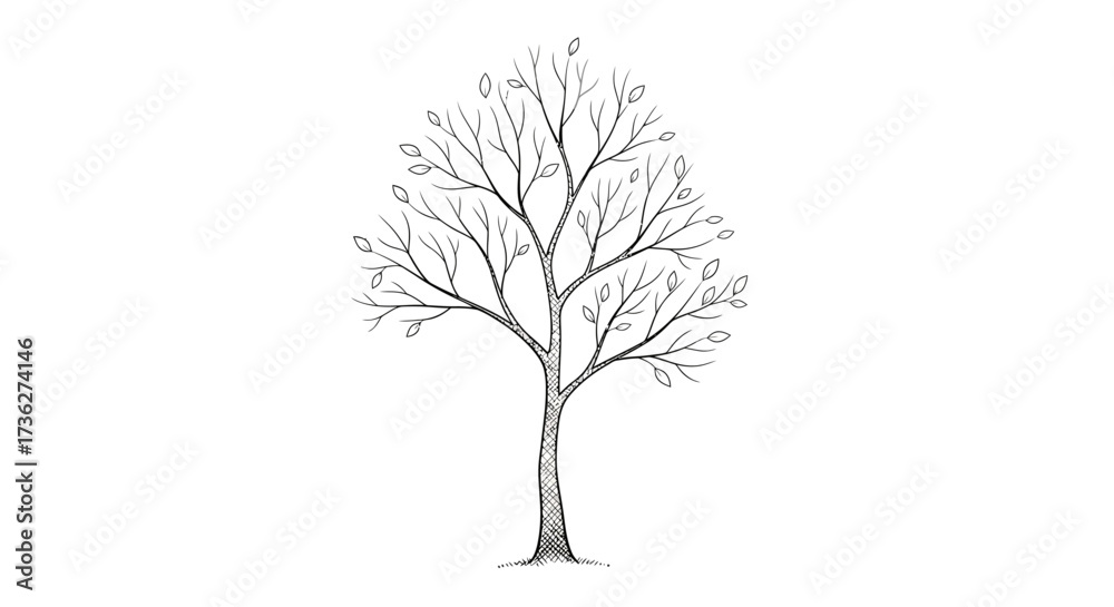 Fototapeta premium Simple illustration of a tree silhouette with bare branches against a white background, perfect for design and nature projects