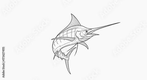 Striking Swordfish Illustration A Detailed Facelineart Depiction of a Swordfish in a Dynamic, Angling Pose, Displaying its Unique Characteristics