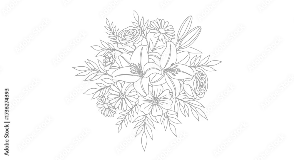 Obraz premium Exquisite Floral Arrangement A Detailed Line Art Illustration of Lilies, Daisies, and Delicate Foliage Perfect for Coloring or Design Projects