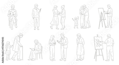 A collection of line art drawings of people in various poses and activities, showcasing daily life and interactions