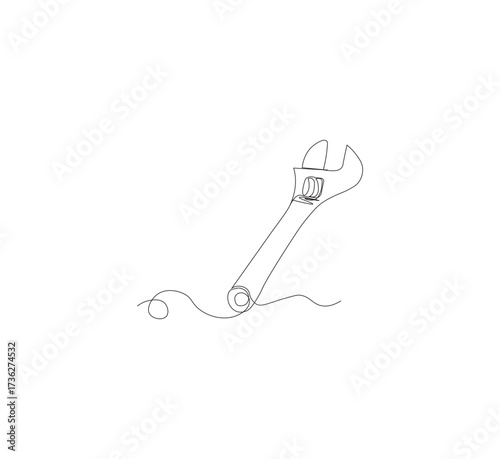 One continuous line drawing of a wrench tool. White background. Downloadable construction logo symbol. Wrench outline vector illustration. Editable stroke.