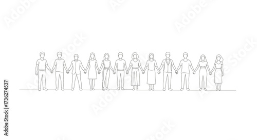 Unity in Diversity A Facelineart Illustration of a Diverse Group of People Holding Hands, Symbolizing Community and Connection