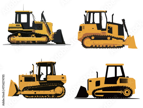 This artwork showcases four different bulldozer models, each featuring unique designs and colors. The vehicles are depicted from the side, highlighting their capabilities.