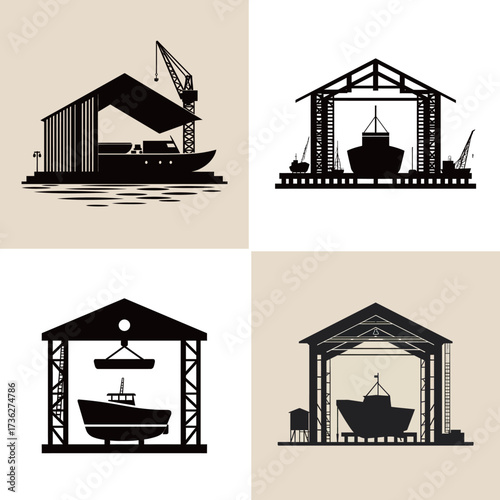 Different boat construction sites are displayed, featuring cranes, boat hulls, and spacious sheds. Each setting highlights the boat-building process in detail.