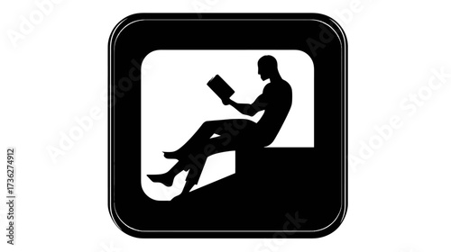 Black and white silhouette icon of a person reading a book while seated. Minimalist graphic symbol representing education, study, and leisure.
