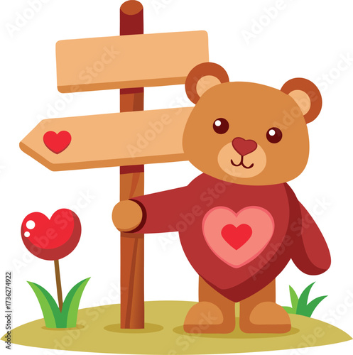 Adorable teddy bear with heart sweater stands by a directional signpost with a heart flower
