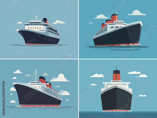 Four illustrated views of classic cruise ships highlight their unique designs against a bright blue sky, capturing the essence of maritime adventure and nostalgia.