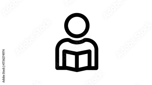 Minimalist Line Icon of a Person Reading a Book, Symbolizing Learning, Education, Student, Knowledge, and Study. Outline Graphic.