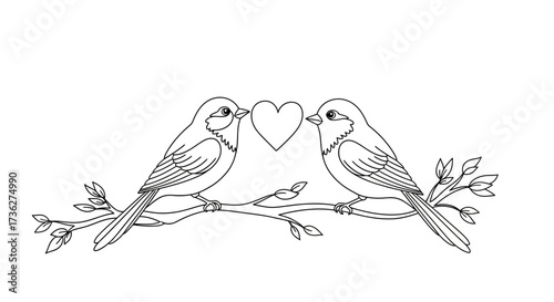 Charming Line Art Depicting Two Birds Perched on a Branch with a Heart Symbolizing Love and Affection, Perfect for Designs