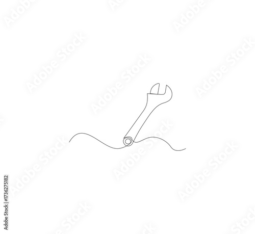 One continuous line drawing of a wrench tool. White background. Downloadable construction logo symbol. Wrench outline vector illustration. Editable stroke.
