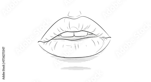 Detailed Contour Line Drawing of Human Lips Showing Teeth and Subtle Shadows on a Plain White Background