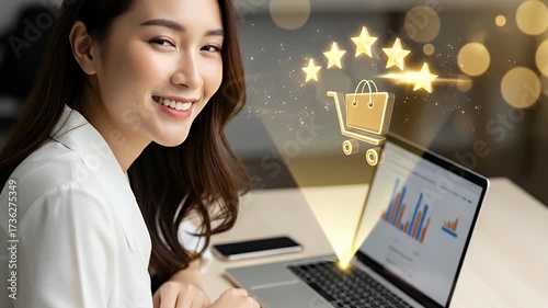 Asian woman with holographic shopping rating, e commerce and customer satisfaction concept