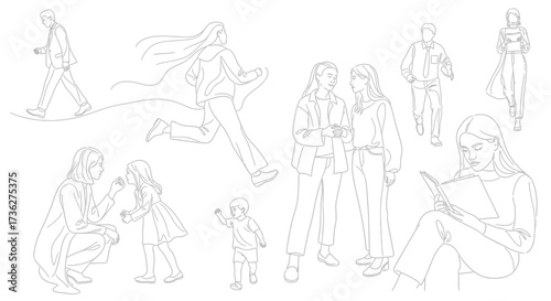 Illustration of diverse people engaging in various activities, from reading to running and interacting with each other in everyday life