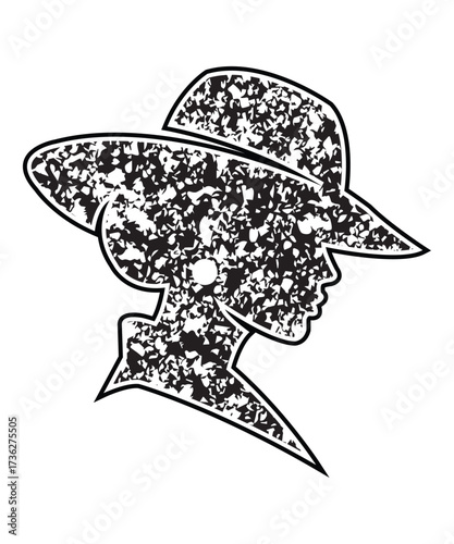 Grunge Silhouette of Woman Wearing Hat Profile Vector Illustration.