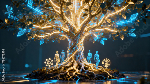 Futuristic digital tree with glowing branches and leaves, surrounded by holographic human figures and technological symbols, representing artificial intelligence and digital innovation