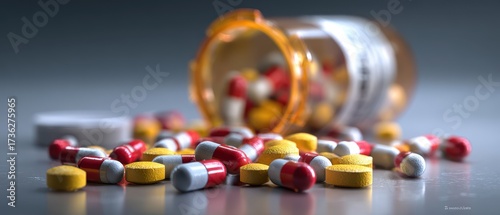 Vibrant Cascade of Spilled Pharmaceutical Pills and Capsules on a Reflective Surface.