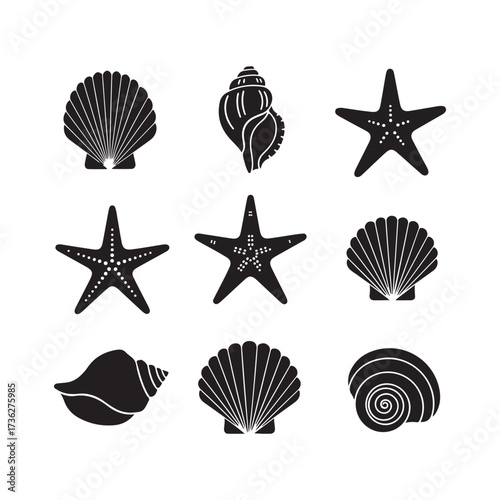 Set of different black sea shells and starfish silhouette vector.