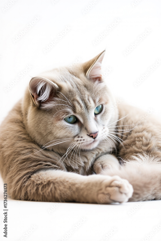 Fototapeta premium A Fluffy Gray Cat Curled Up On A White Background