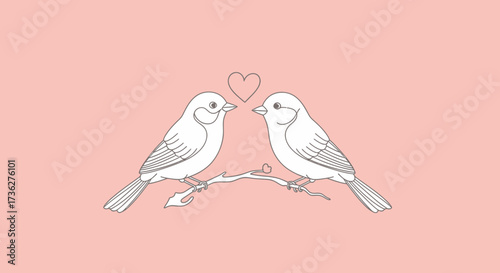 Charming Birds in Love A Delicate Line Art Depiction of Two Birds Perched on a Branch with a Heart Above, Symbolizing Affection