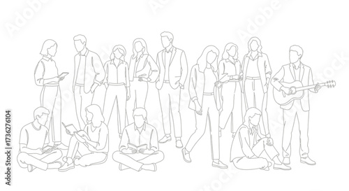Illustration featuring a diverse group of people engaged in various activities, ideal for depicting community and everyday life