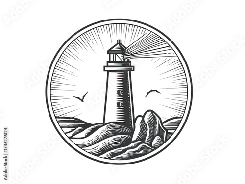 A tall lighthouse rises above rocky formations, casting beams of light into the evening sky. Seagulls fly in the background, adding to the coastal scene.