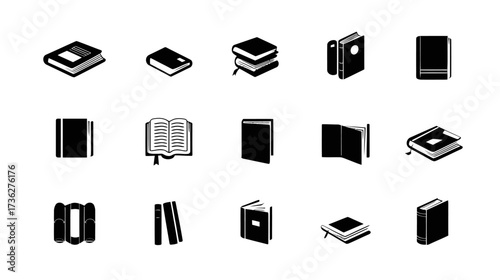 Isometric Book Icons Set. Black and White Vector Collection for Education, Reading, Learning, and Knowledge Concepts.