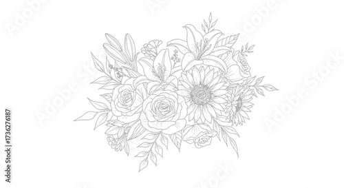 Detailed Floral Line Art Elegant Hand-Drawn Illustration Featuring Roses, Lilies, and Sunflowers for Sophisticated Design