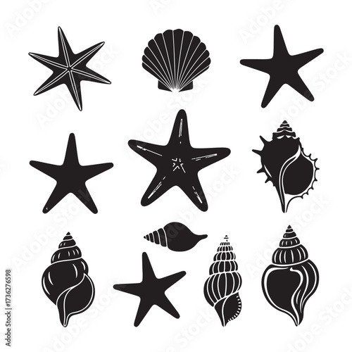 Set of different black sea shells and starfish silhouette vector.