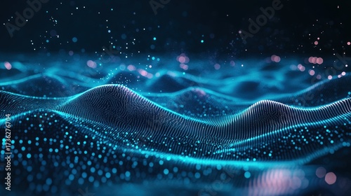 A mesmerizing digital landscape of illuminated waves, featuring glowing particles and a vibrant blue color scheme, creating a sense of depth and movement.