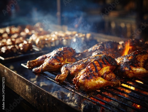 Sizzling Chicken Halves and Skewers Grilling Over Open Flames, Smoky Outdoor BBQ Feast.