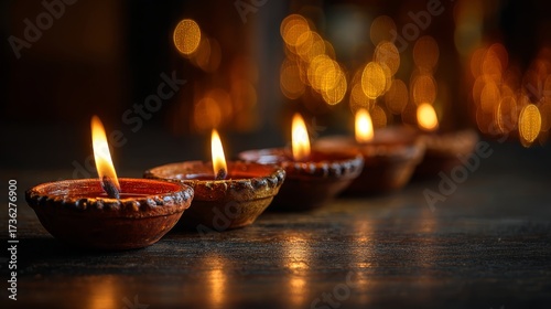 Glowing diwali diyas illuminating festive ambiance with warm light and bokeh background