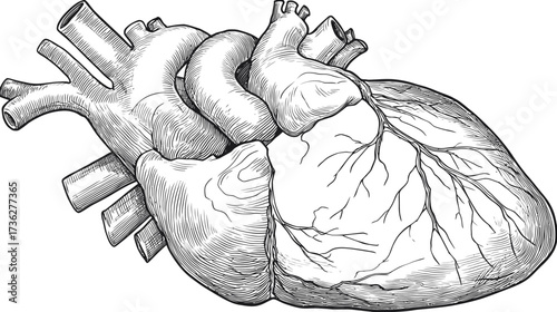 Detailed anatomical illustration of a human heart in vintage etched style, showing chambers and blood vessels. Medical biology diagram.